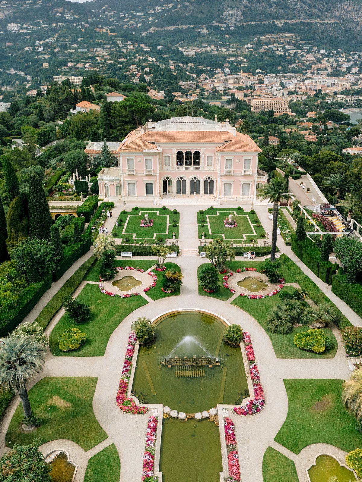 Aerial view of the French garden, fountains and Villa Ephrussi de Rothschild
